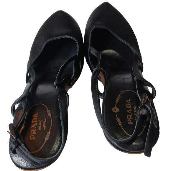 PRADA Wood Heels Black Satin Platform Closed Toe Bronze Studs Size 38.5 - Picture 12 of 14